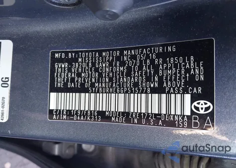 2016 Toyota Corolla Le z USA, uszkodzony, nr VIN 5YFBURHE6GP515778